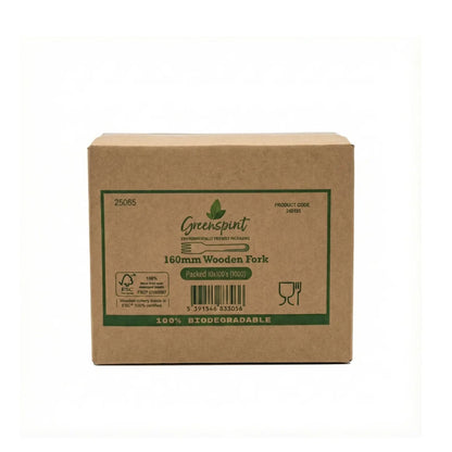 Greenspirit Wooden Fork Cardboard box with 'Greenspirit' branding and product information on a white background