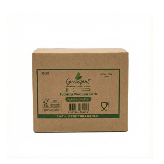 Greenspirit Wooden Fork Cardboard box with 'Greenspirit' branding and product information on a white background