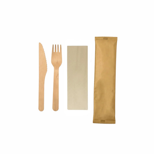 A set of 3 in 1 disposable bamboo cutlery and packaging, including a wooden knife, fork, a small wooden spoon and a napkin