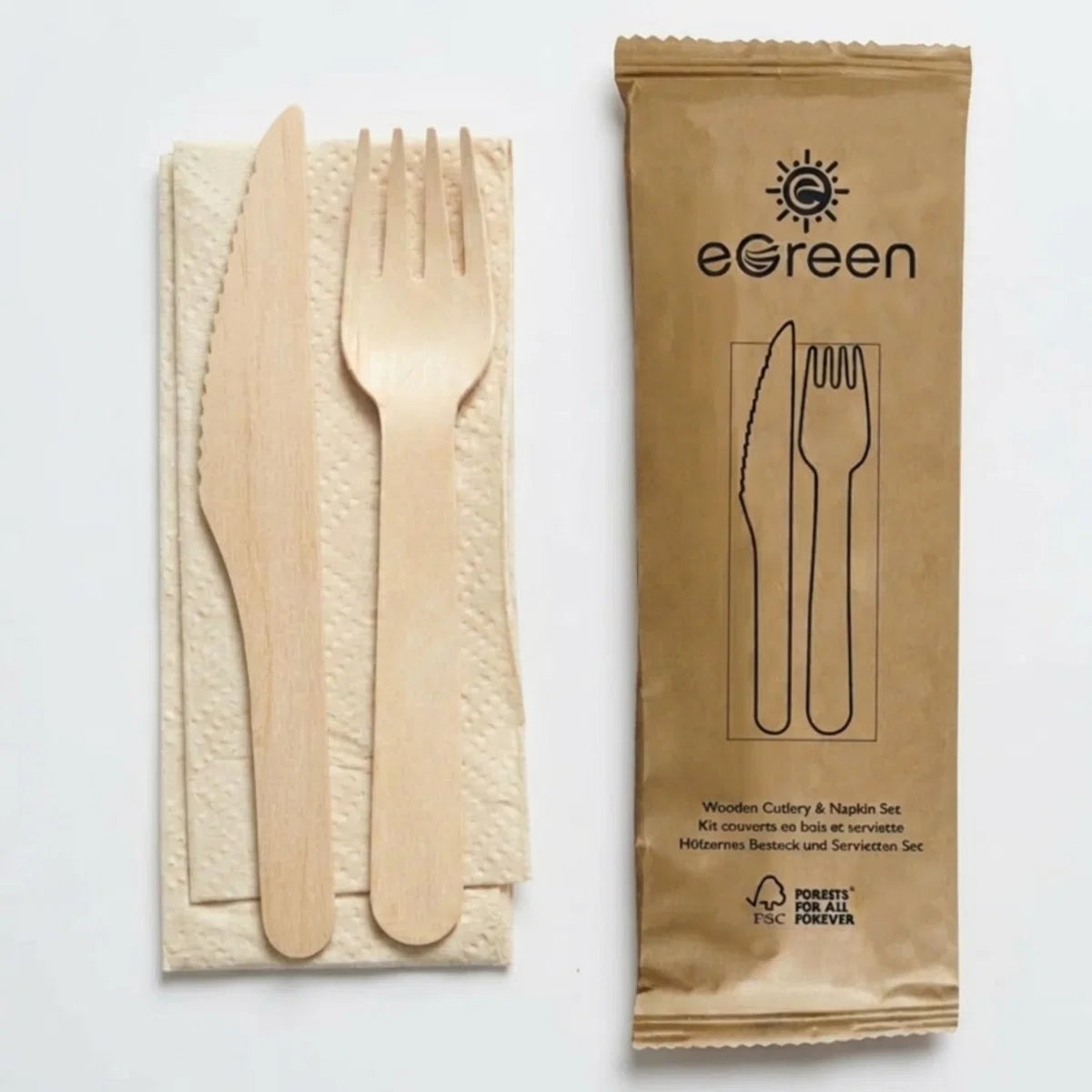 Wooden cutlery set with eGreen packaging on a white background
