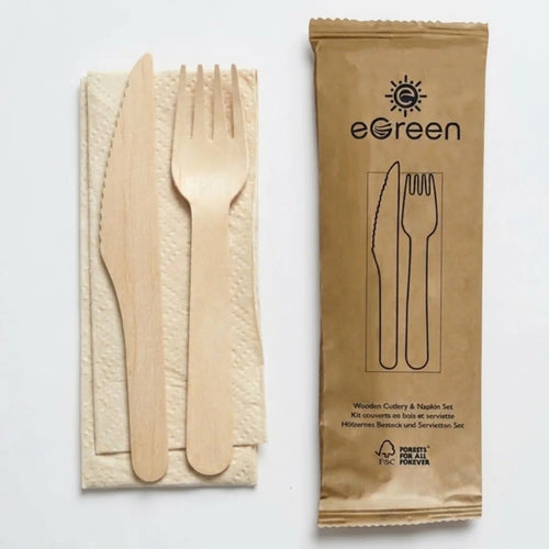 3 in 1 Wooden Cutlery Set | Fork, Knife & Napkin | 250 Individually Wrapped Sets | FREE Ireland Delivery