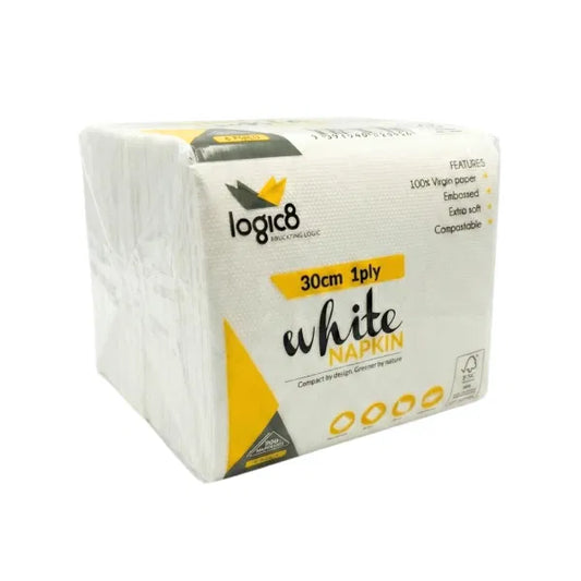 Pack of 160003 Logic8 30cm 1ply 4fold napkins (10 x 500s) on a white background