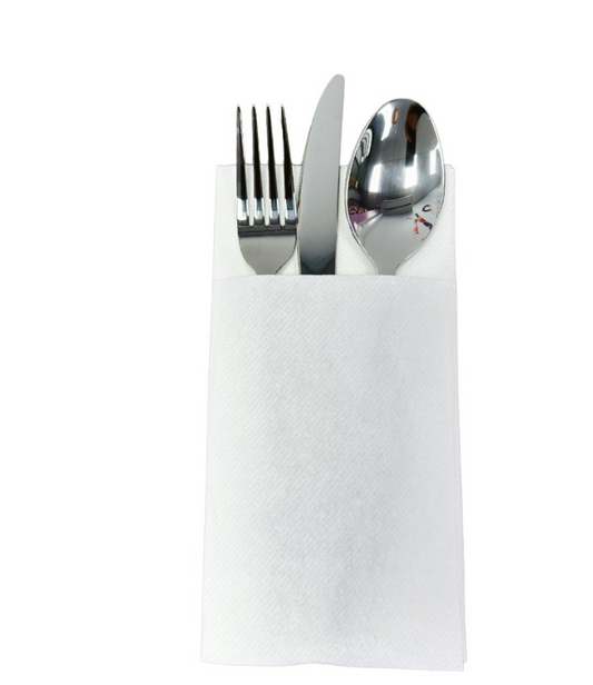 Logic8 white airlaid pocket napkin with cutlery presentation for Irish weddings