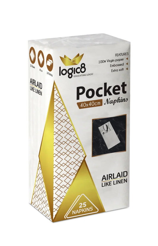 Box of logic8 Pocket Napkins with gold and white design on a white background