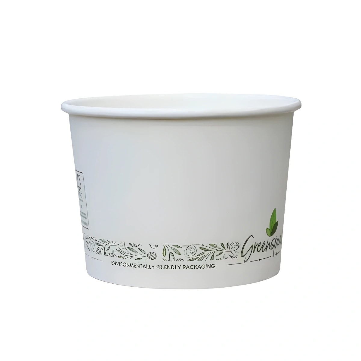 16oz White Greenspirit Compostable soup Containers Empty branding on a white background