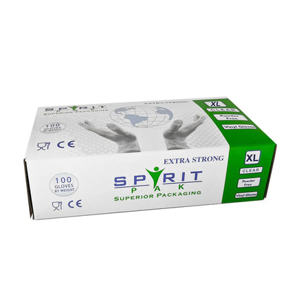 Box of Spirit Pak Clear Vinyl Gloves XL  on a white background