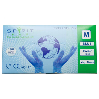 Box of blue vinyl gloves with branding and product details on a white background