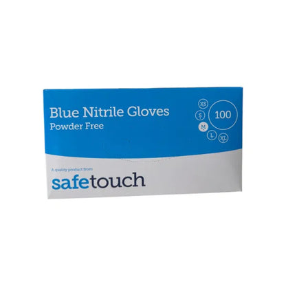 Box of Medium Blue Nitrile Gloves by Safetouch on a white background