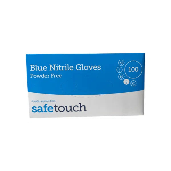 Box of Large Blue Nitrile Gloves by Safetouch on a white background