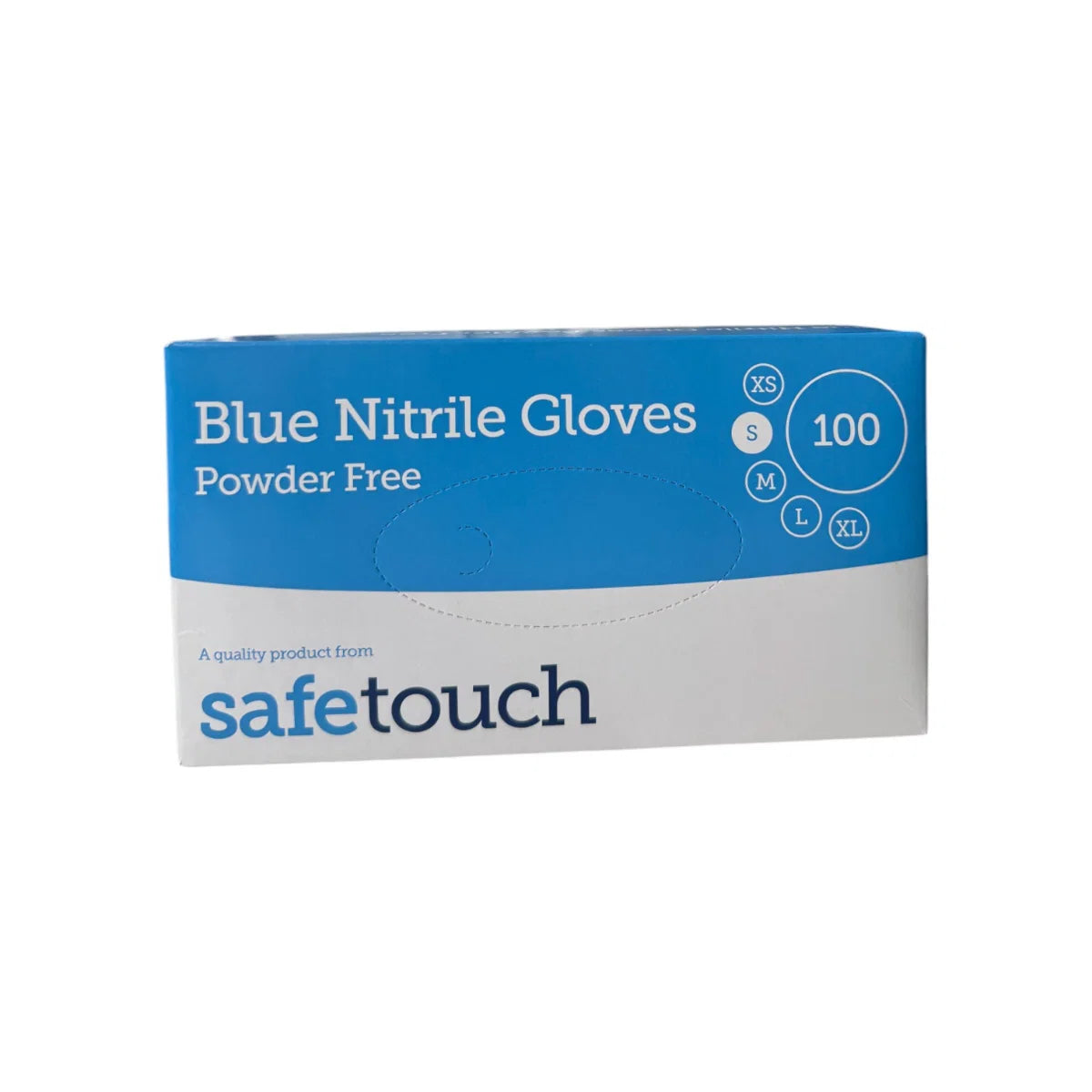 Box of Small Blue Nitrile Gloves by Safetouch on a white background