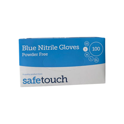 Box of Small Blue Nitrile Gloves by Safetouch on a white background