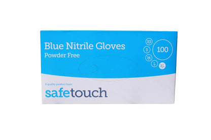 Box of xl Blue Nitrile Gloves by safetouch on a white background