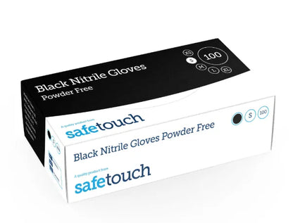 Box of small Black Nitrile Gloves by Safetouch on a white background