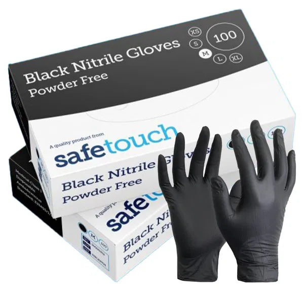 Black nitrile gloves with Safetouch packaging on a white background