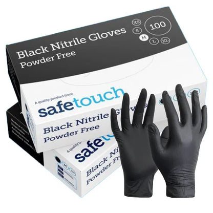 Black nitrile gloves with Safetouch packaging on a white background