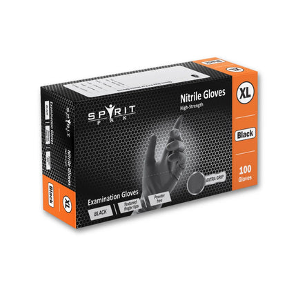 Box of Spiritpak High Strength Black Nitrile PF Gloves XL (10x100) on a white background