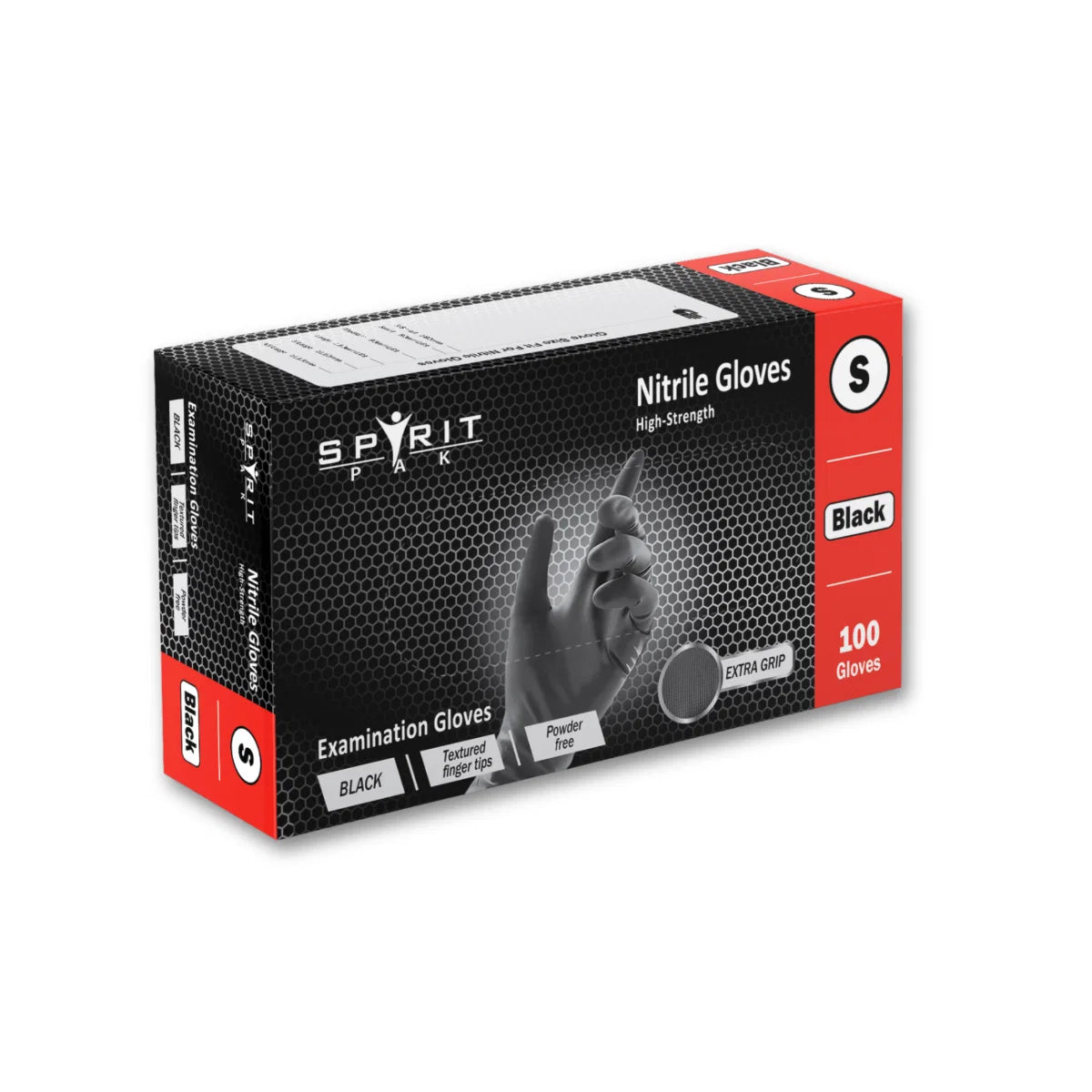 A box of 170070 Spirit Brand black nitrile examination gloves, size S, containing 100 gloves. The packaging is black with a red side panel and features a graphic of a hand wearing a glove.