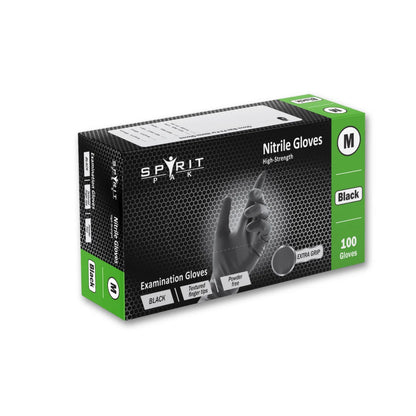 A box of Spirit Plus brand black nitrile gloves, size Medium, containing 100 gloves. The packaging is black with a subtle honeycomb pattern, featuring a graphic of a hand, and bright green side panels with white text.
