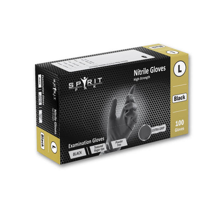 A box of 170072_ Spirit Park Nitrile Gloves, size Large, in black. The packaging is black with a textured pattern and features a graphic of a hand wearing a glove, with gold side panels indicating 'Black' and '100 Gloves'.