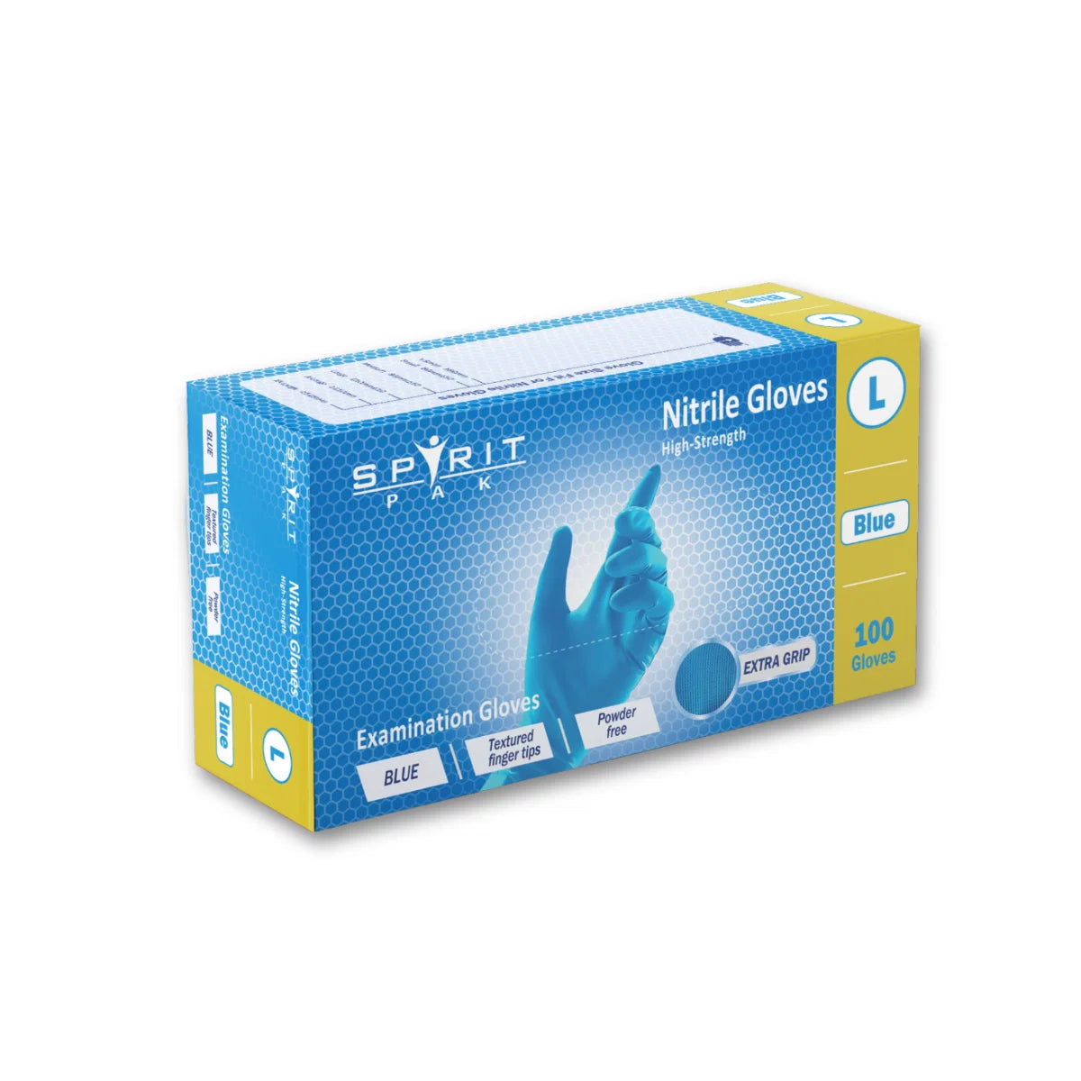 A box of Spirit Park Nitrile Examination Gloves in size Large, blue, containing 100 gloves. The packaging is primarily blue with yellow side panels and features an illustration of a gloved hand.