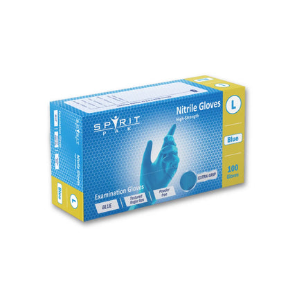 A box of Spirit Park Nitrile Examination Gloves in size Large, blue, containing 100 gloves. The packaging is primarily blue with yellow side panels and features an illustration of a gloved hand.
