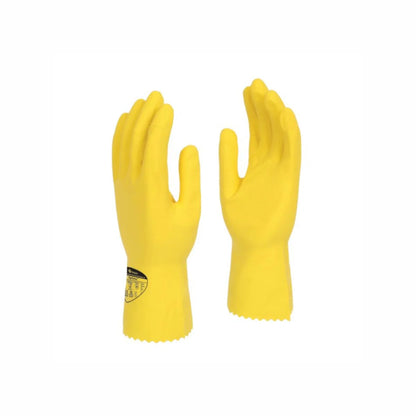 A pair of Durable Household Yellow Rubber Gloves shown against a plain white background, with one glove displaying a small black and yellow safety label on the wrist.