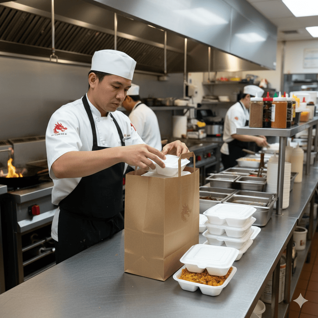 Chef packaging food in a Large Kraft Carrier, Internal Handles in a kitchen setting