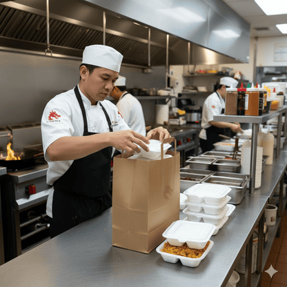 Chef packaging food in a Large Kraft Carrier, Internal Handles in a kitchen setting
