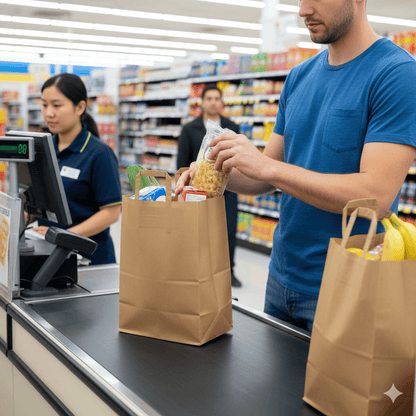 Man in blue shirt packing groceries in a Large Kraft Carrier, Internal Handles at a checkout counter with a cashier in the background.