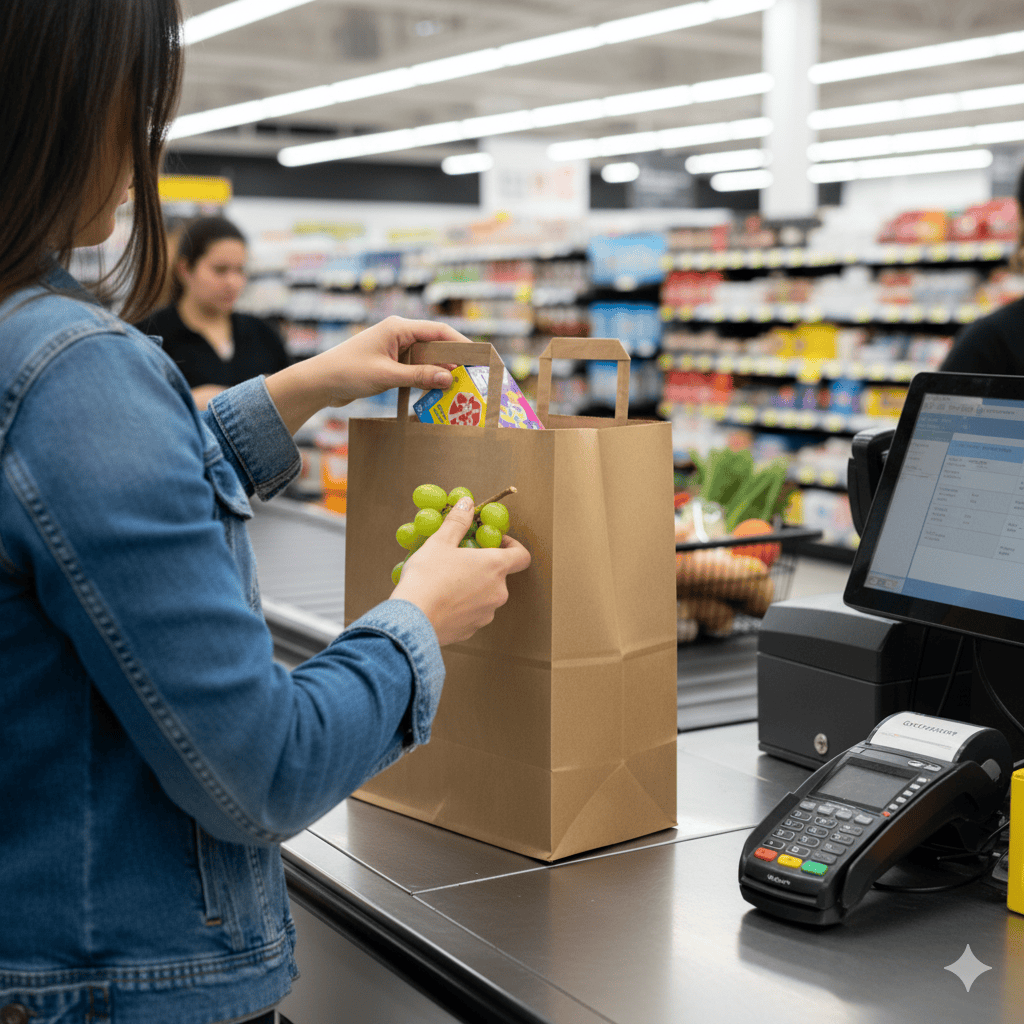Person at a grocery checkout with a Large Kraft Carrier, Internal Handles and grapes