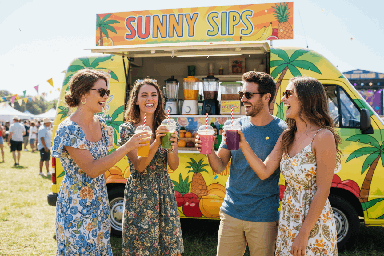 Friends at festival with juice van holding clear juice cups