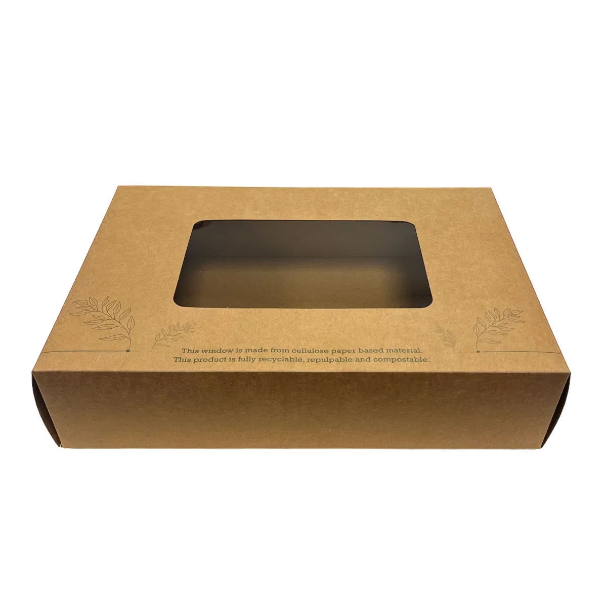 200035 Medium Kraft Platter box with a window on a white background