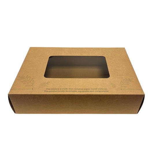 200035 Medium Kraft Platter box with a window on a white background