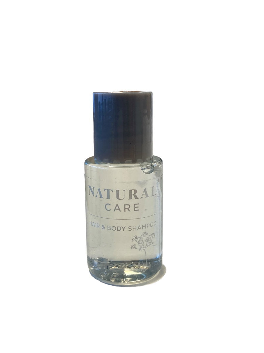 Natural Care 20ml hair and body shampoo bottles for hotel and B&B guest bathrooms in Ireland