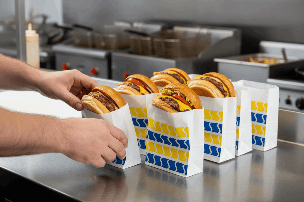 Close-up of hands placing burgers in compact grease-resistant burger bags