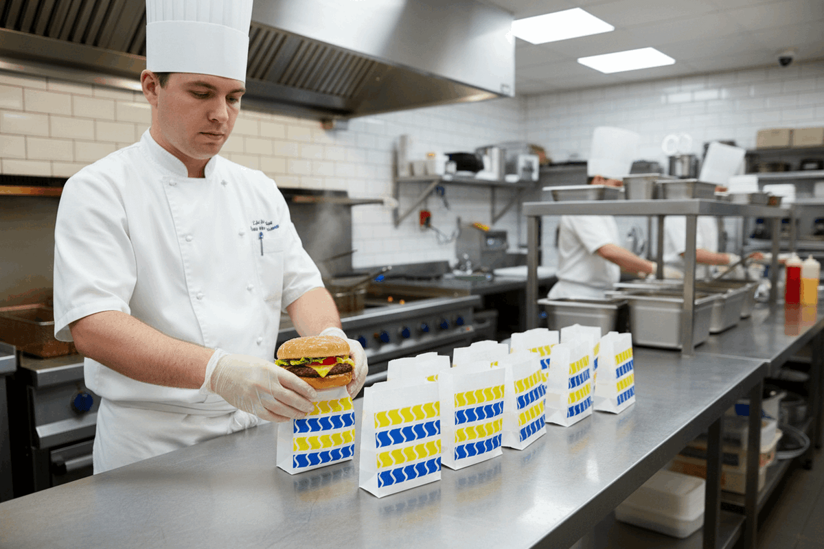 Cook placing burger in small chevron striped burger bag at chip shop
