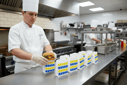 Cook placing burger in small chevron striped burger bag at chip shop