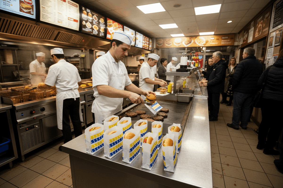 Wide angle of chip shop with small burger bags on prep counter