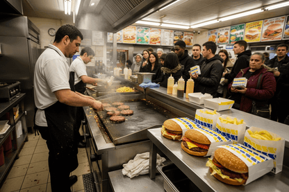 Wide angle of busy chip shop with multiple burger bags ready on prep counter