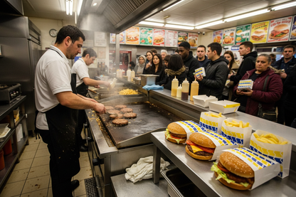 Wide angle of busy chip shop with multiple burger bags ready on prep counter