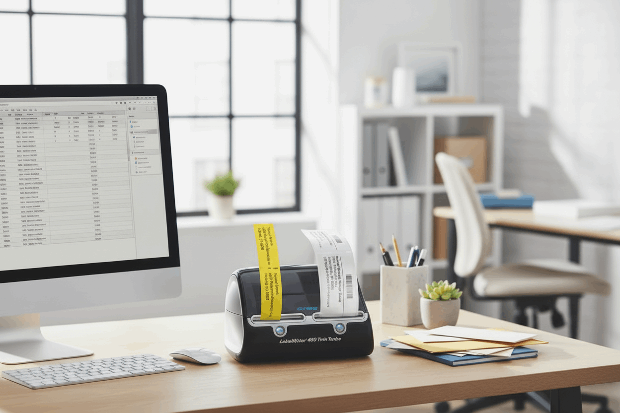 Office workspace with Dymo LabelWriter printing yellow and white Dymo labels