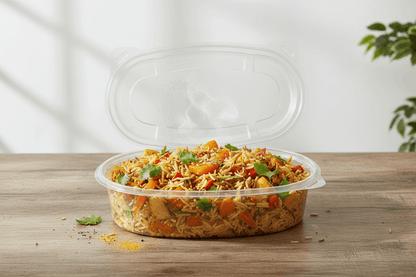 250cc Oval Hinged Salad Container with rice dish on table