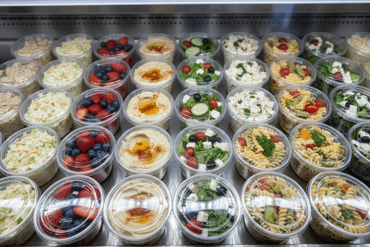 250cc Oval Hinged Salad Containers with hinged lids on deli display shelf