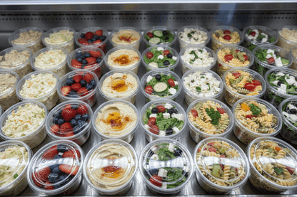 250cc Oval Hinged Salad Containers with hinged lids on deli display shelf