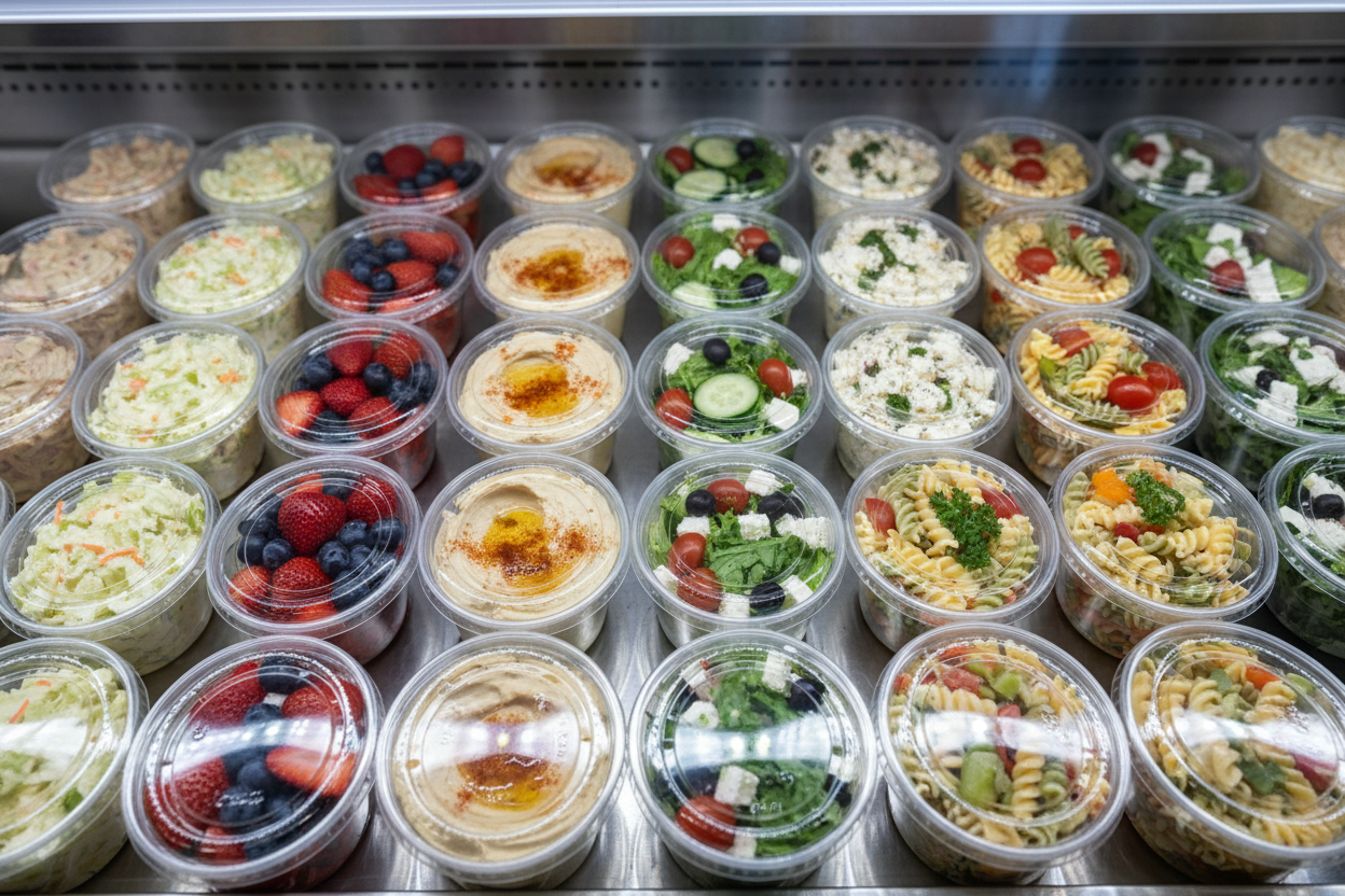 250cc Oval Hinged Salad Containers with hinged lids on deli display shelf