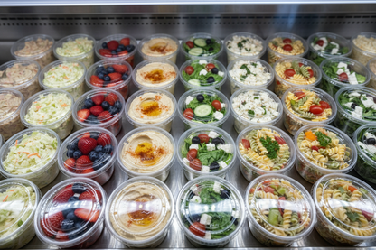 250cc Oval Hinged Salad Containers with hinged lids on deli display shelf