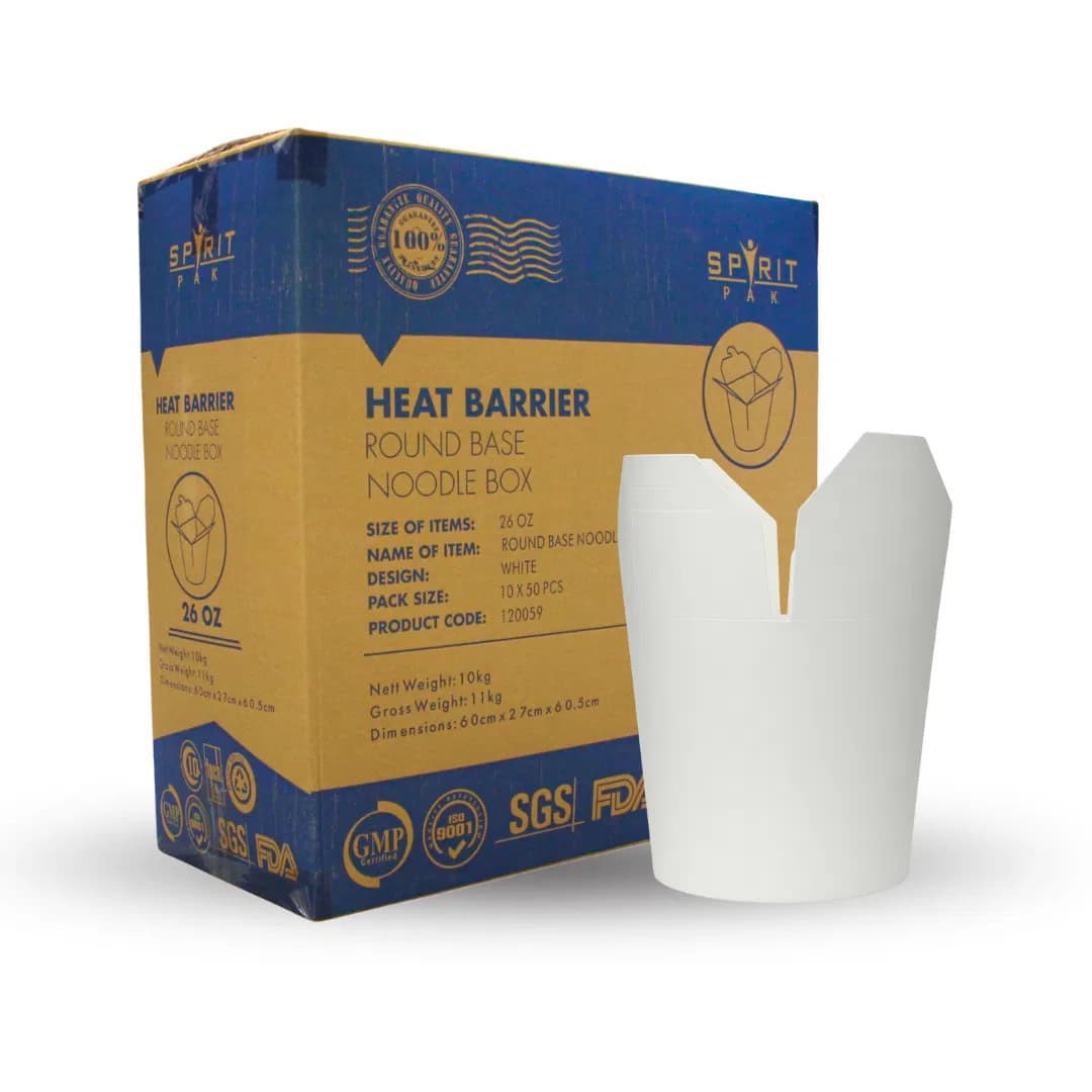 Heat barrier noodle box with a white noodle package on a white background