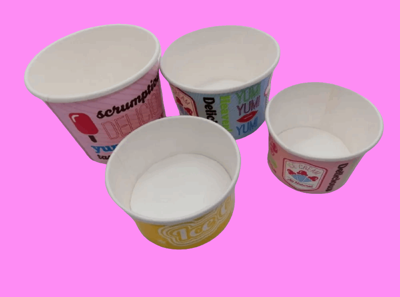 top view 4 different sized chill ice cream tubs on a pink background