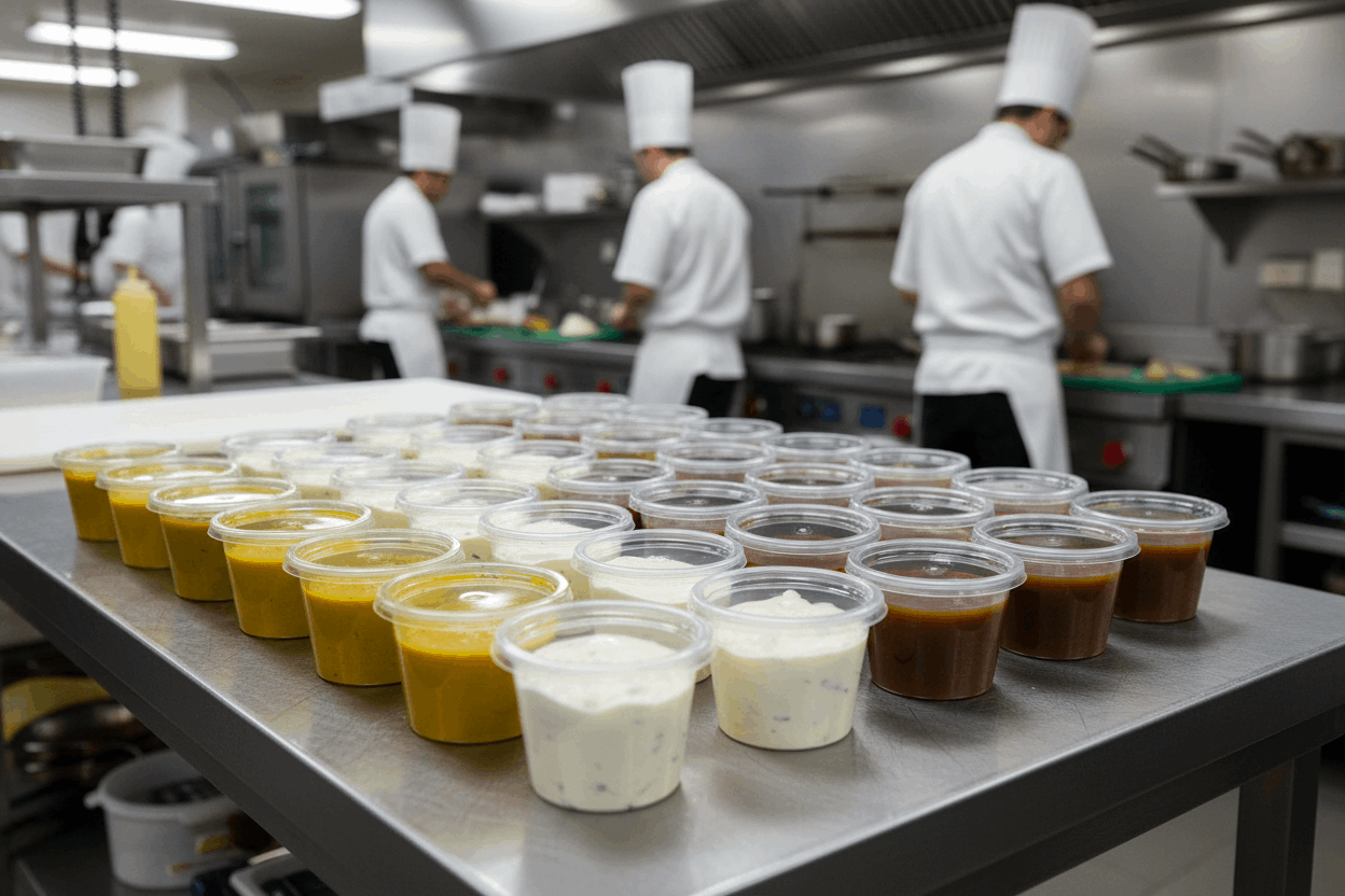 4oz Fusion containers with curry, mayo and gravy on prep counter
