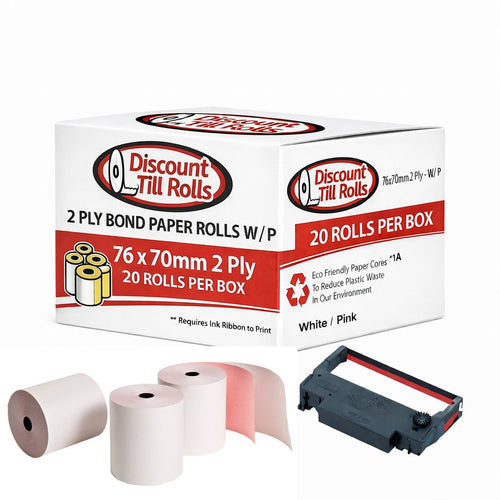 76x70mm 2 Ply Kitchen Docket Rolls | White/Pink Bond Paper | 20 Box